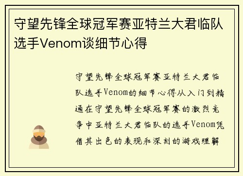 守望先锋全球冠军赛亚特兰大君临队选手Venom谈细节心得