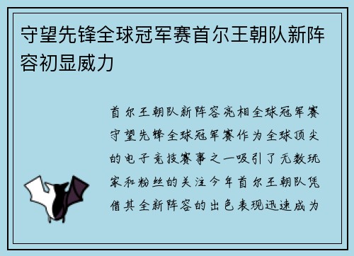 守望先锋全球冠军赛首尔王朝队新阵容初显威力