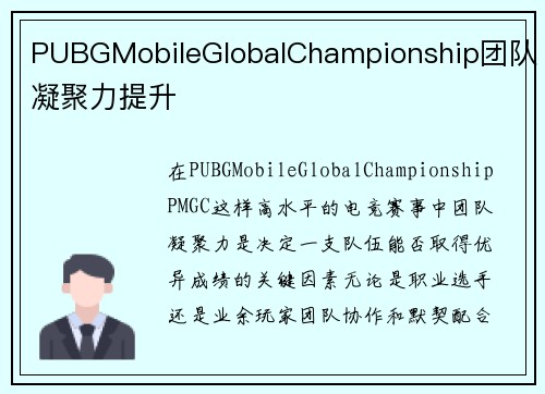 PUBGMobileGlobalChampionship团队凝聚力提升